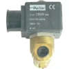 Close-up of a V.1458 24Vac 9W 2-WAY PARKER SOLENOID valve, with brass body and black plastic coil housing; specs: ZB09 coil, 9W, 24V AC/50-60Hz, 100% ED, IP65. © 2025 1st-line.com