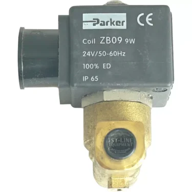 Close-up of a V.1458 24Vac 9W 2-WAY PARKER SOLENOID valve, with brass body and black plastic coil housing; specs: ZB09 coil, 9W, 24V AC/50-60Hz, 100% ED, IP65. © 2025 1st-line.com
