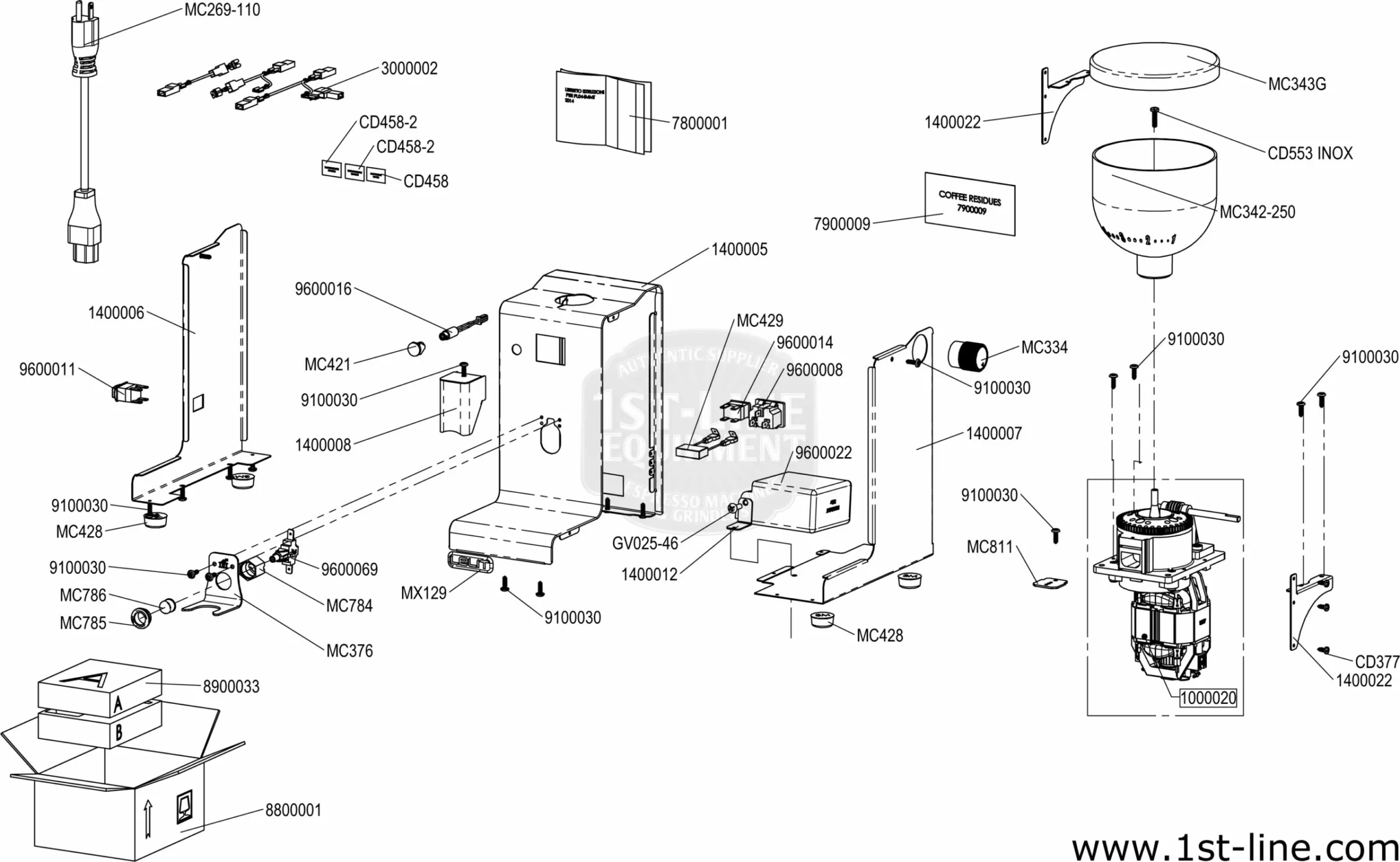 Exploded diagram of a coffee machine showing individual parts, including the housing, motor, grinder, funnel, and screws, all labeled with part numbers and reference codes. © 2025 1st-line.com