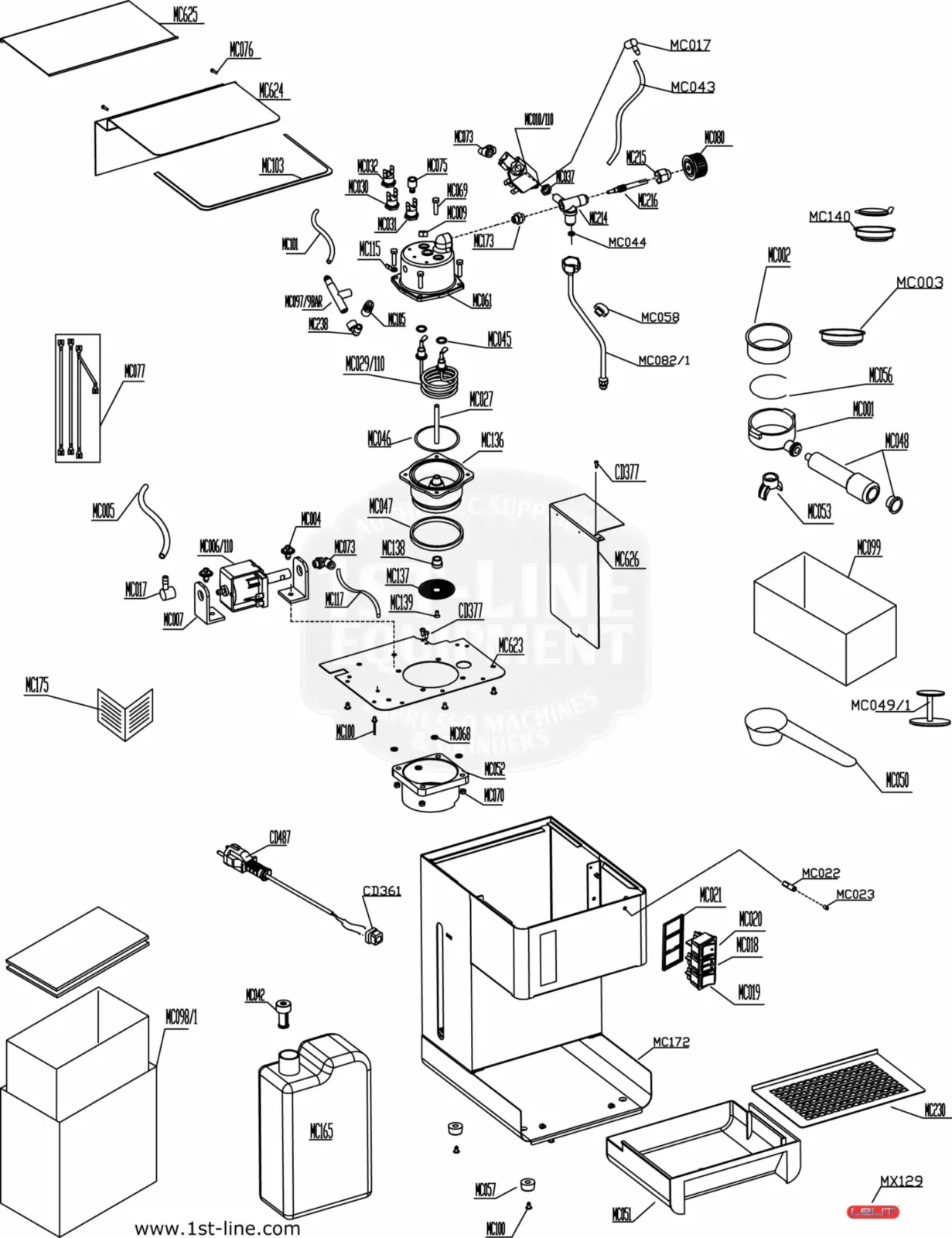 Exploded diagram of a coffee machine showing labeled parts including panels, wires, pumps, containers, hoses, and screws, each identified with alphanumeric codes for assembly or repair reference. © 2025 1st-line.com
