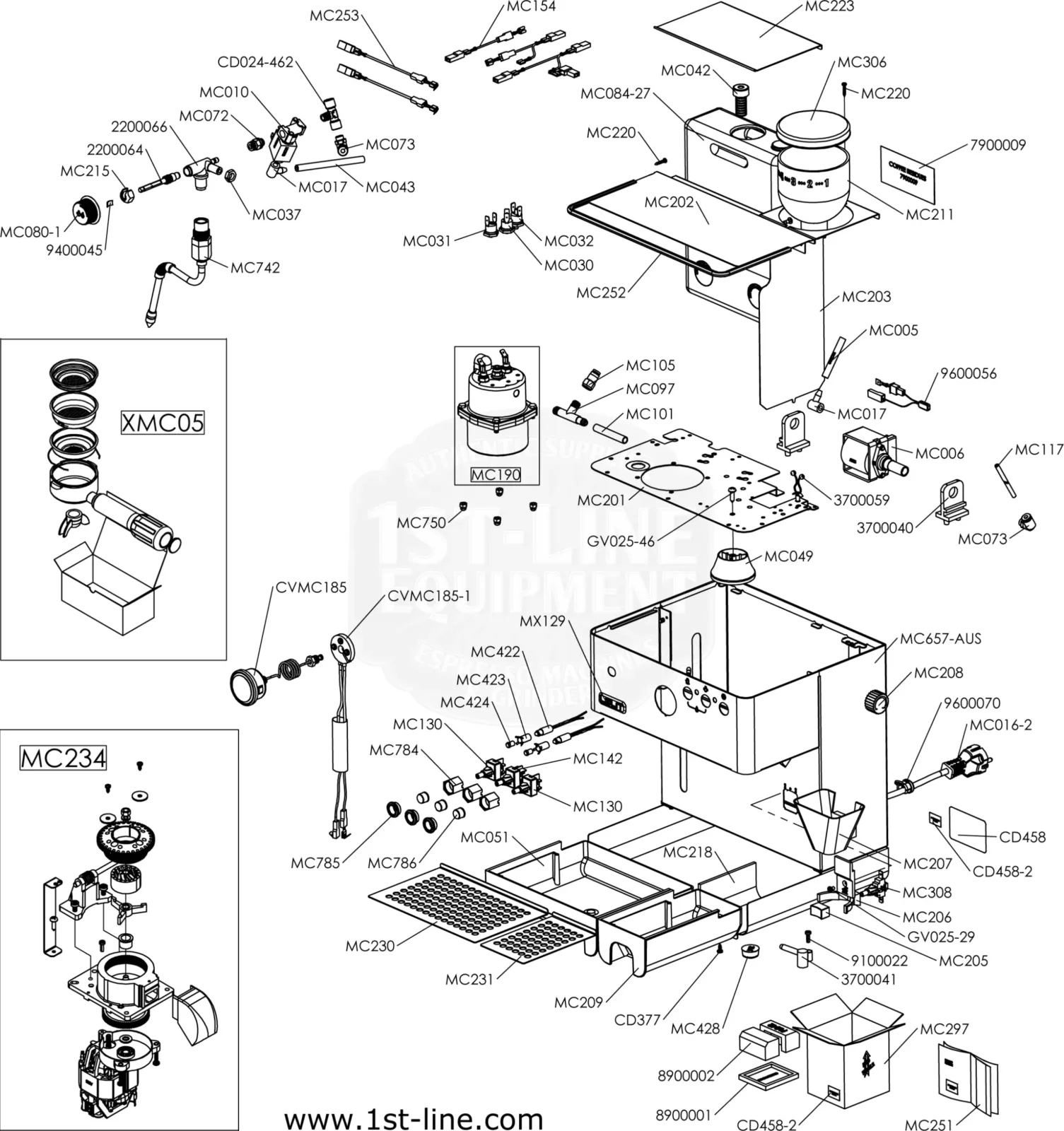 Exploded diagram of a coffee machine showing various labeled parts and their assembly, including the grinder, portafilter, drip tray, and grouphead, with detailed views of components and item numbers for each part. © 2025 1st-line.com
