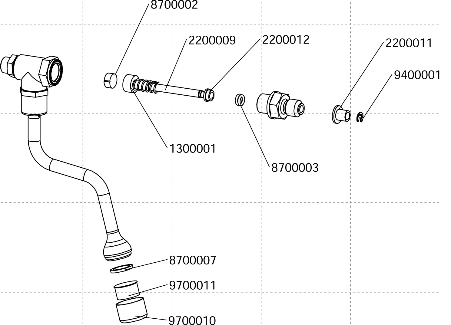 Exploded diagram of a faucet assembly with labeled components, including various connectors, washers, and fittings, each marked with part numbers such as 8700002, 2200009, 1300001, 9700011, and more. © 2025 1st-line.com