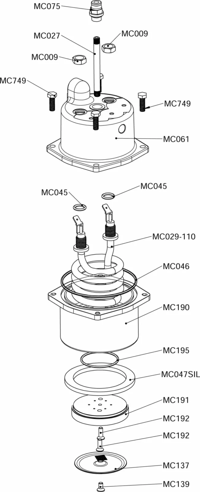 Exploded diagram of a mechanical assembly with labeled parts including nuts, bolts, gaskets, connectors, and cylindrical housing components, all indicated by codes such as MC075, MC009, MC749, and MC045. © 2025 1st-line.com