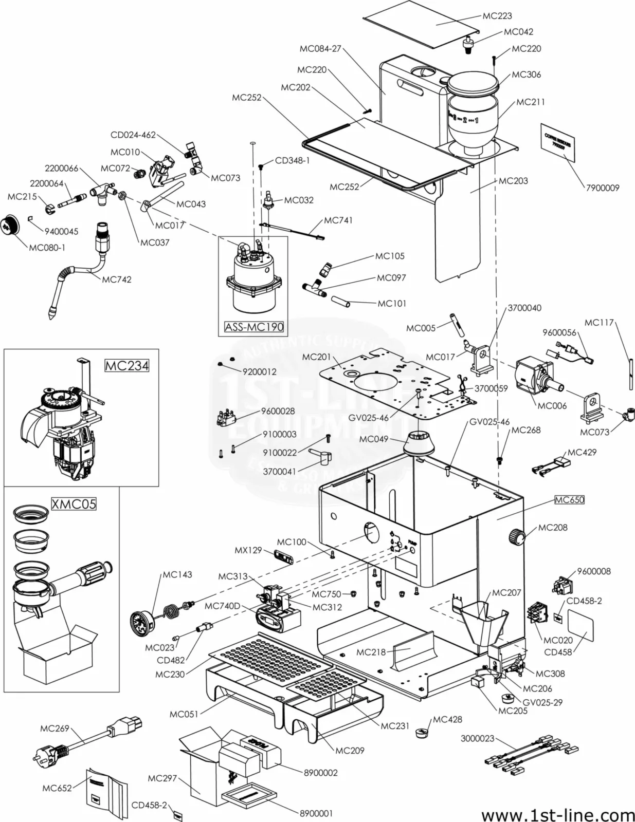 Exploded diagram of an espresso machine showing detailed parts labeled with codes, including the boiler, pump, filter, water tank, heating elements, screws, and wiring, arranged around the central chassis. © 2025 1st-line.com