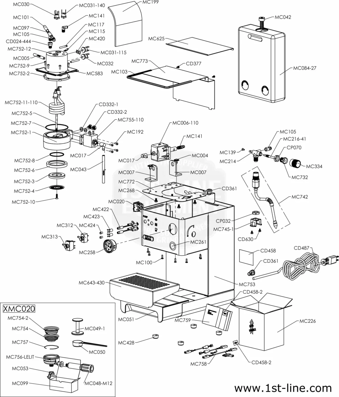 Exploded Parts Diagram of a Lelit PL41PLUS espresso machine, showing each component—boiler, portafilter, group head, drip tray, housing, and wiring—separated and labeled with part numbers for easy identification. © 2025 1st-line.com
