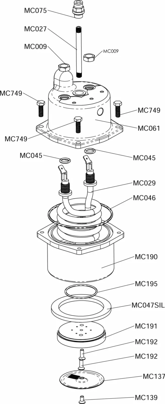 Exploded parts diagram of a mechanical assembly, showing labeled components from the Lelit PL042TEMD Anita, including bolts, washers, tubes, and housing—each marked with codes like MC075, MC027, MC009, MC749, and others. © 2025 1st-line.com