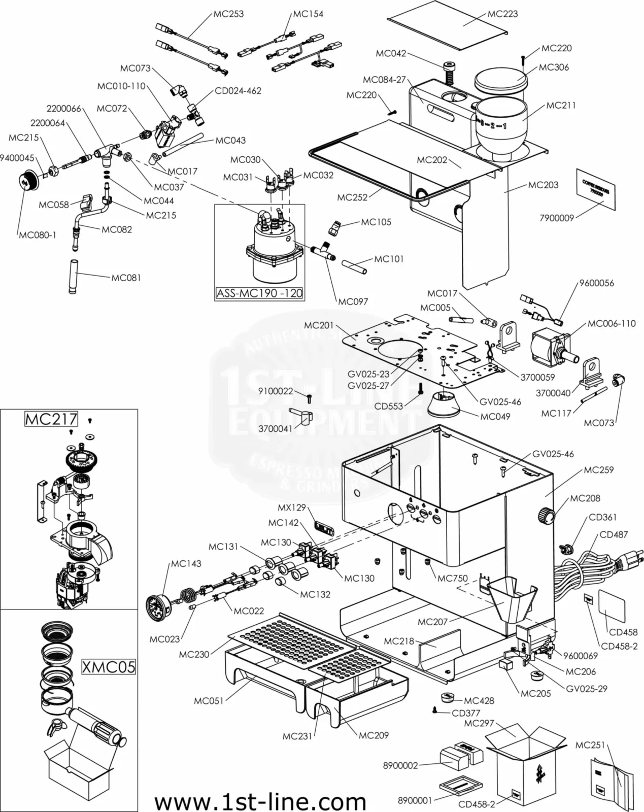 Exploded Parts Diagram of the Lelit PL042EM Anita espresso machine, showing labeled components such as boiler, drip tray, group head, knobs, valves, and electrical connections with reference numbers for assembly or repair. © 2025 1st-line.com