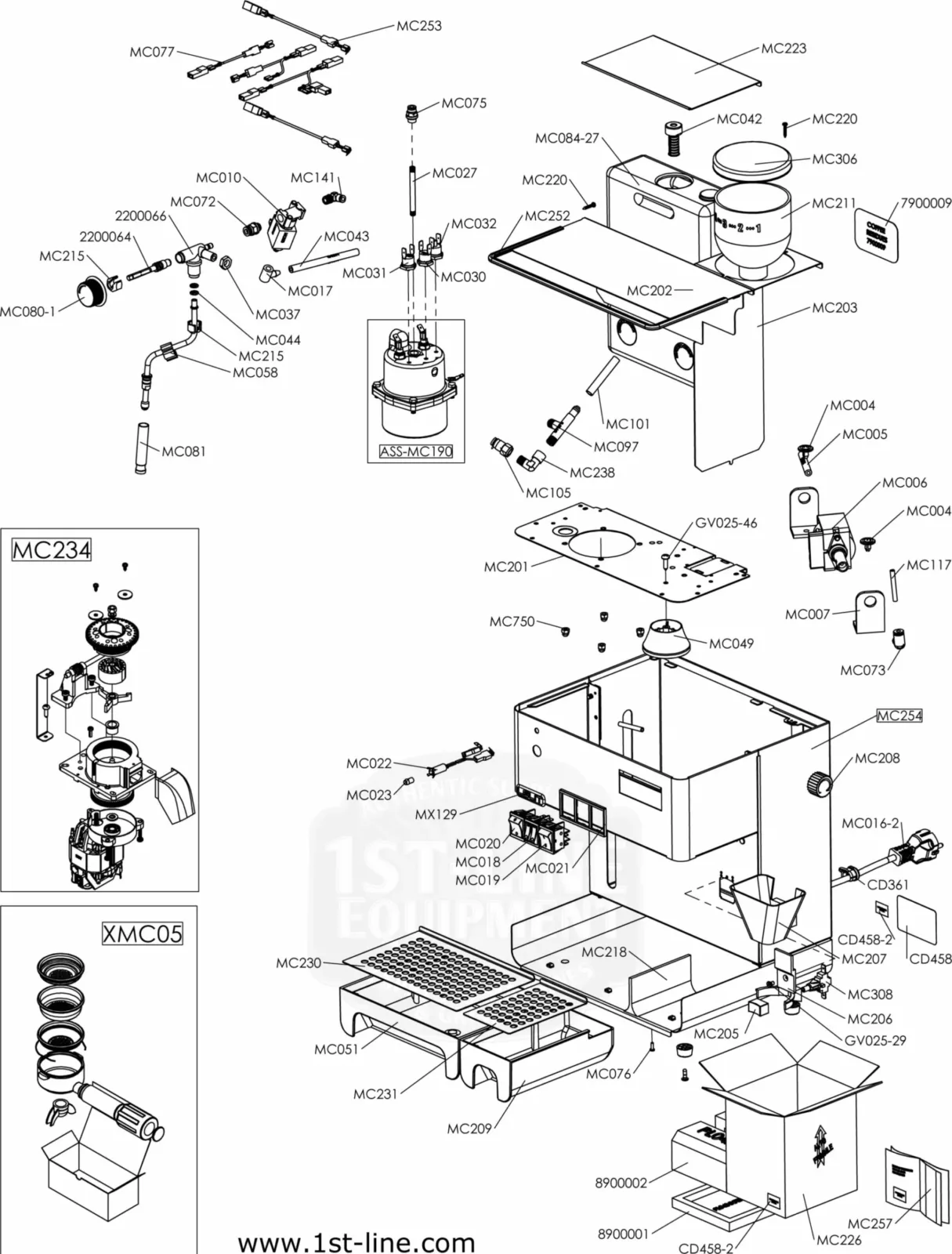 Exploded technical diagram of a coffee machine with labeled parts, components, and assemblies, including the grinder, brewing group, boiler, and housing, plus two inset diagrams showing detailed views of specific assemblies. © 2025 1st-line.com