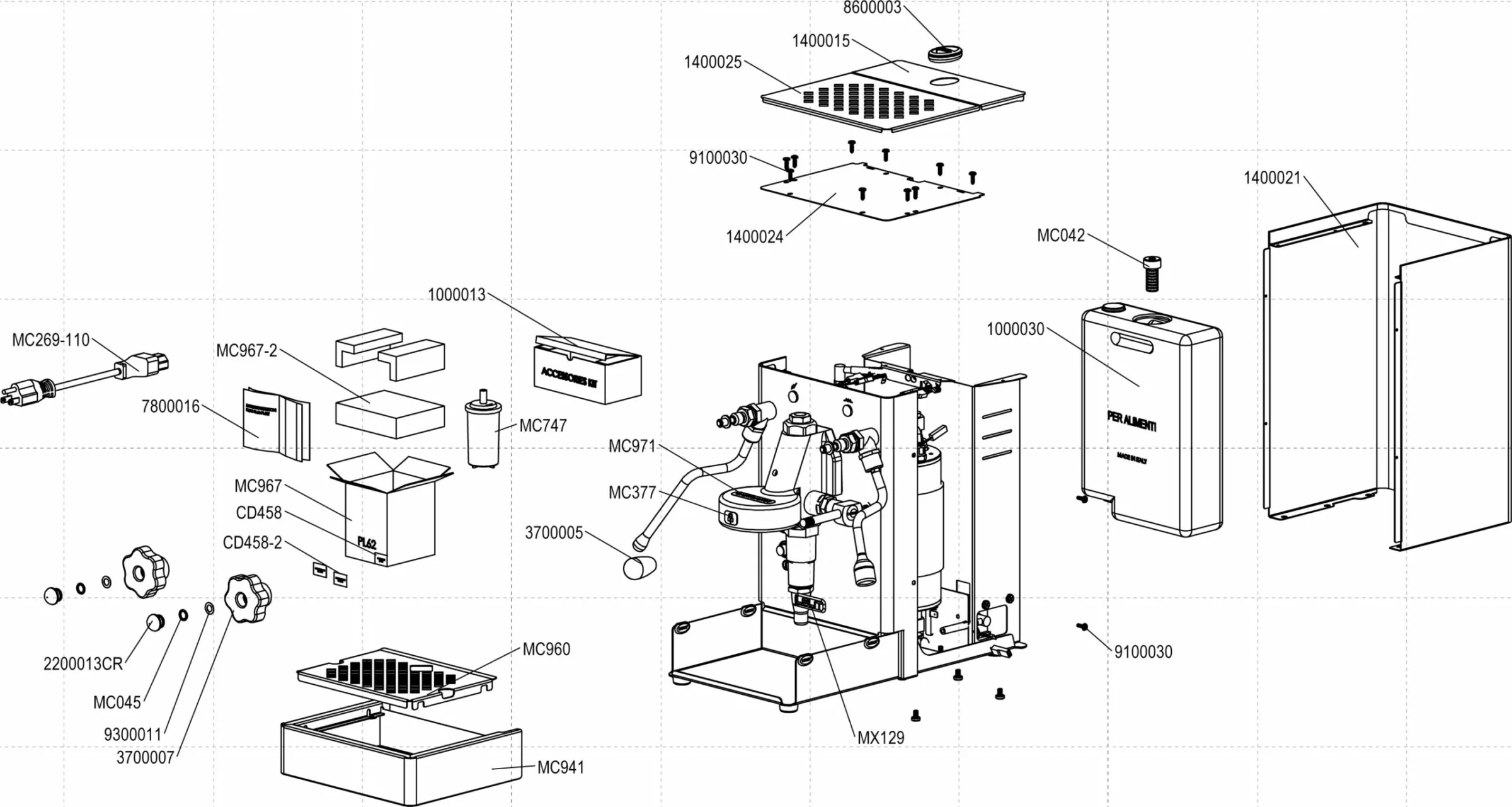 Exploded technical diagram of a coffee machine with labeled parts, including screws, housing panels, circuit boards, filters, water tank, and other internal components, all separated and numbered for assembly reference. © 2025 1st-line.com