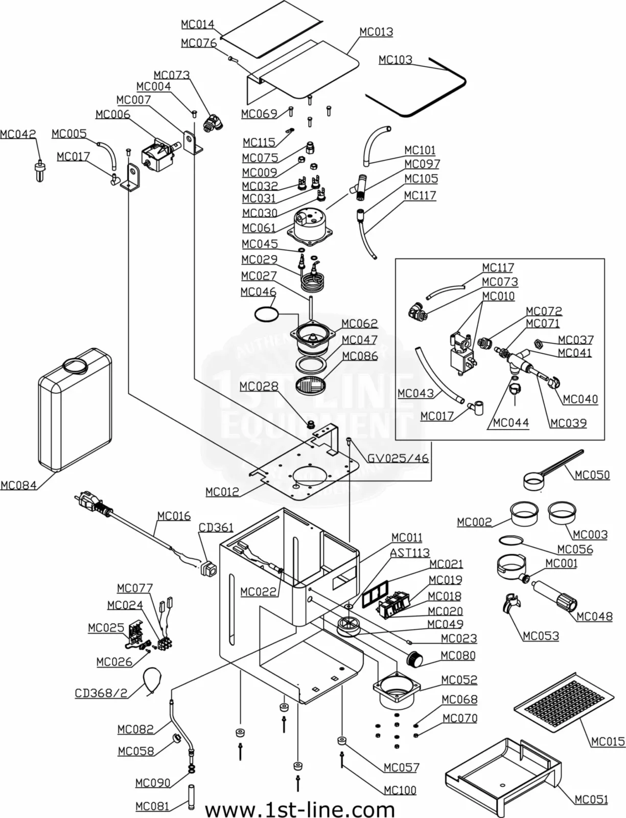 Exploded technical diagram of a machine with labeled parts, including panels, screws, rings, knobs, and an inset section showing a close-up of smaller components. Each part is identified with a unique code for assembly reference. © 2025 1st-line.com