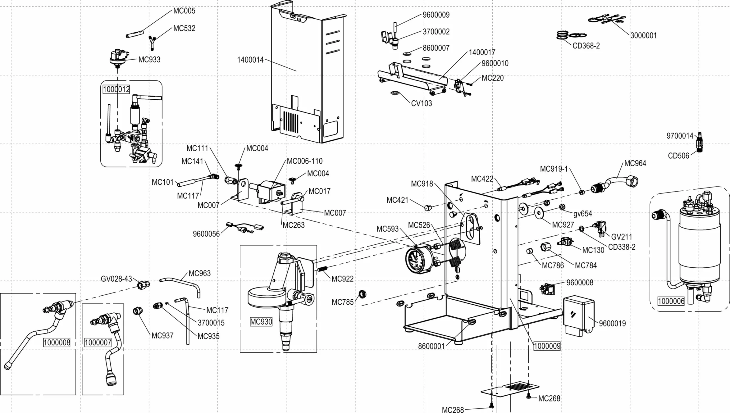 Exploded technical diagram showing labeled mechanical parts and assemblies for a coffee machine, including the housing, portafilter, steam wand, pump, and various screws, brackets, and connectors, with part numbers indicated. © 2025 1st-line.com