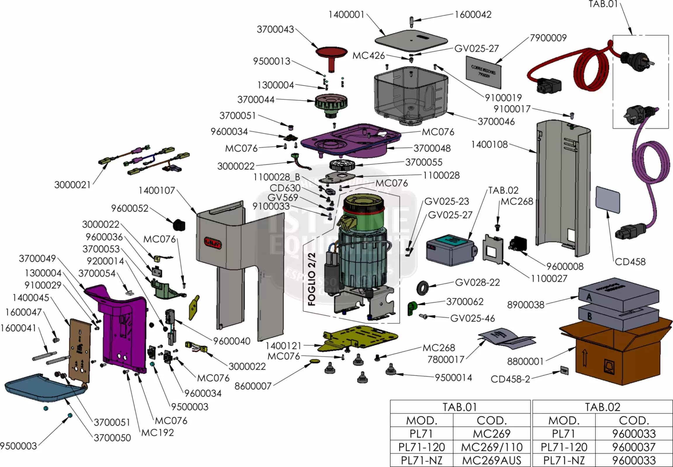 Exploded view diagram of a vacuum cleaner showing individual components, screws, casing parts, filters, motor, wheels, and cords, all labeled with part numbers and codes. A reference table appears at the bottom right. © 2025 1st-line.com