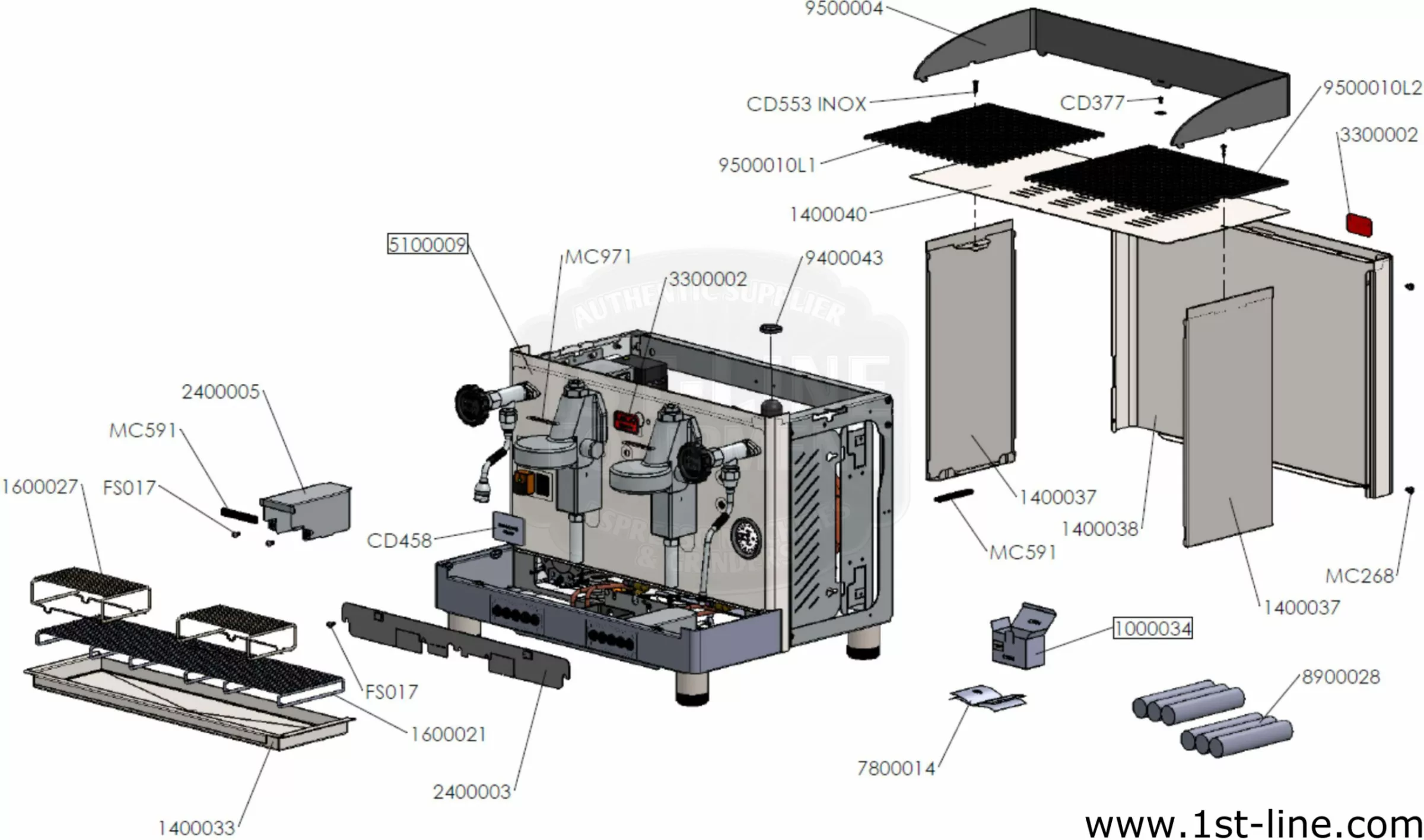 Exploded view diagram of an espresso machine with labeled parts, panels, screws, trays, steam wands, portafilter, and components arranged separately to show assembly layout. © 2025 1st-line.com
