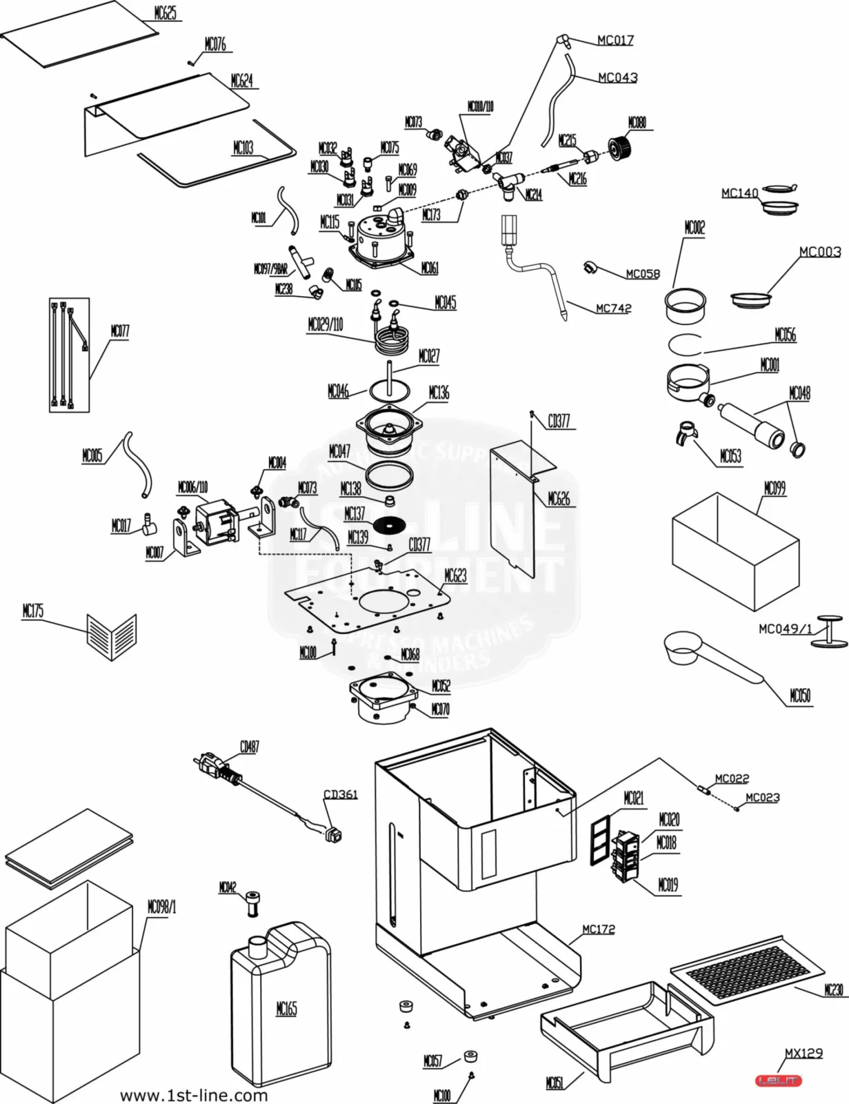 Exploded view Parts Diagram of a coffee machine, including Lelit PL41QE, with labeled panels, wiring, tanks, screws, and circuits—each internal component marked with identification codes for easy assembly or replacement. © 2025 1st-line.com