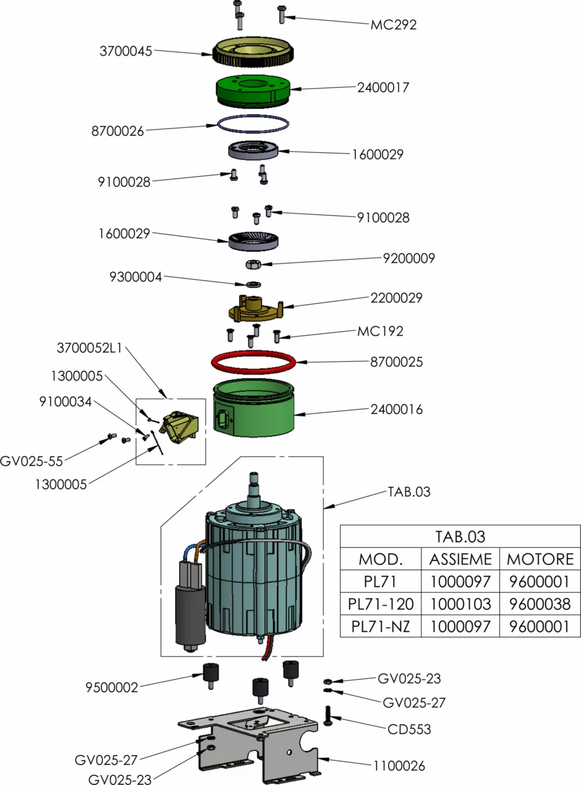Exploded view parts diagram of a Lelit PL71 electric motor assembly with labeled components, including housing, seals, screws, rings, stator, and mounting brackets, plus a reference table listing model numbers and part codes by William. © 2025 1st-line.com