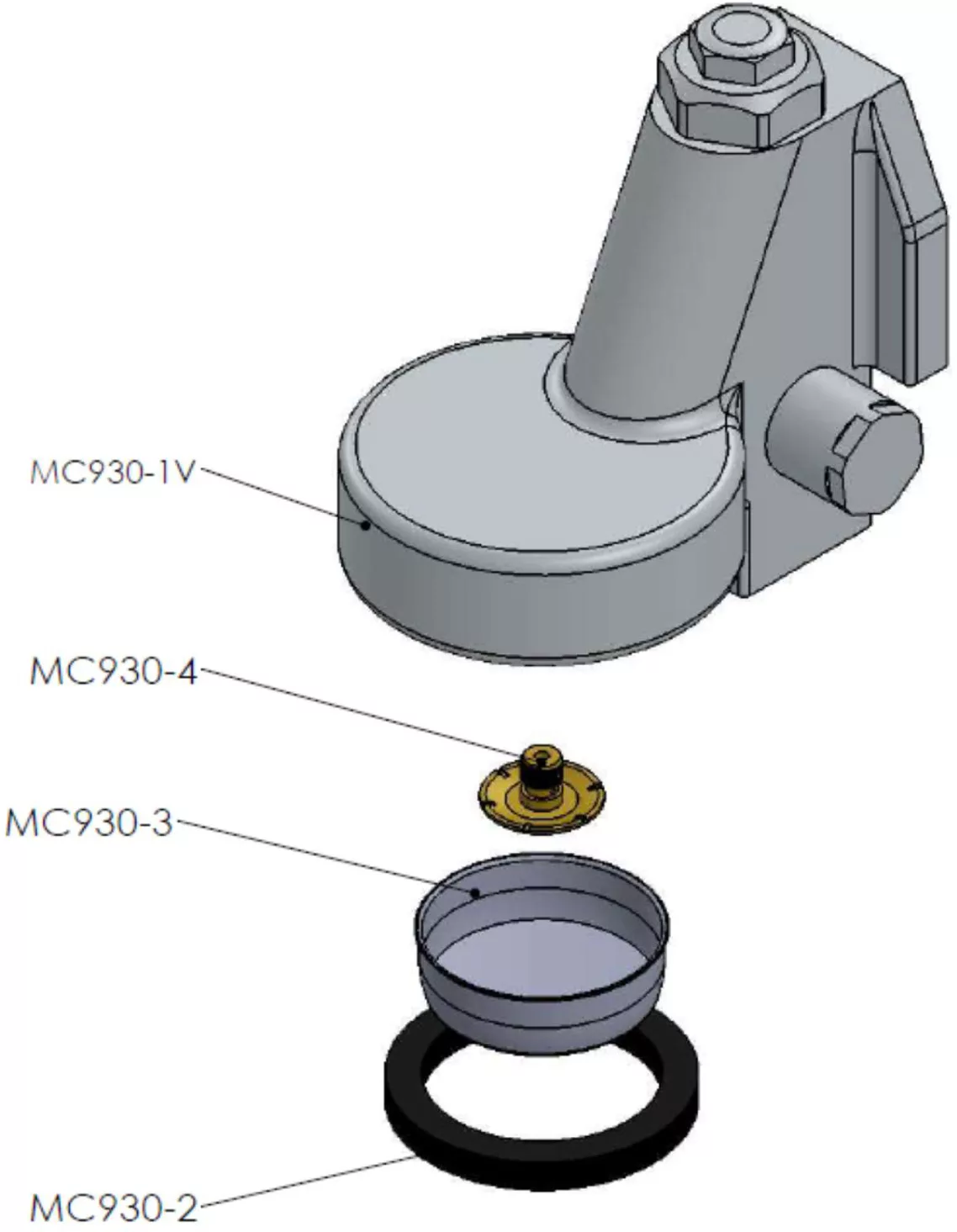 Exploded view parts diagram of a mechanical assembly—ideal for Lelit PL2SVH or Giulietta—with four labeled parts: MC930-1V (main body), MC930-4 (small ring/washer), MC930-3 (circular dish), and MC930-2 (rubber O-ring). © 2025 1st-line.com