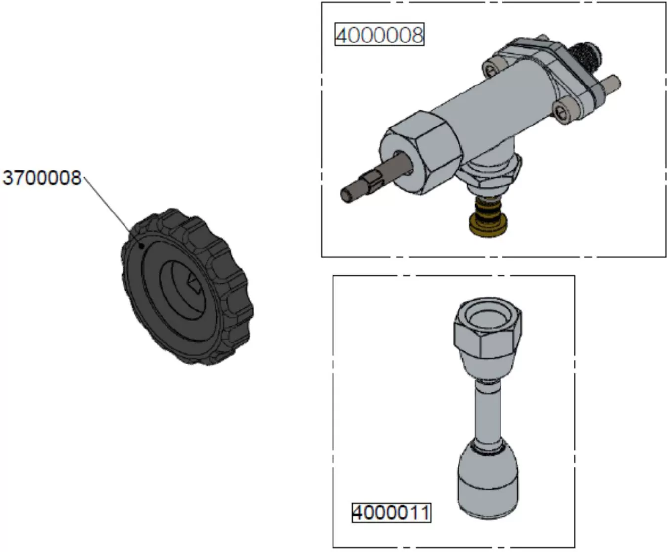 Parts diagram for Lelit PL2SVH Giulietta: features a round, ridged knob (3700008), a cylinder assembly with bolts (4000008), and a small connector piece (4000011), each separated in dashed boxes. © 2025 1st-line.com