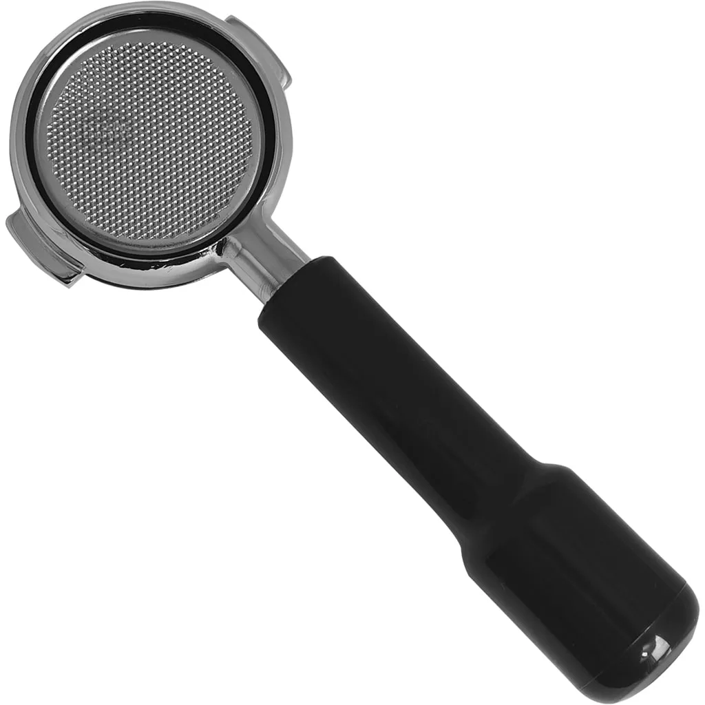 The Cimbali V.2157 Bottomless Portafilter features a fine mesh filter and black handle, shown isolated on a white background. © 2025 1st-line.com