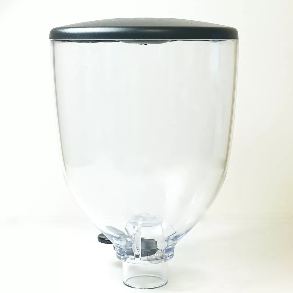 The Compak K..286 COMPLETE BEAN HOPPER is a clear, empty bean dispenser with a black lid and bottom spigot, shown against a plain white background. © 2025 1st-line.com