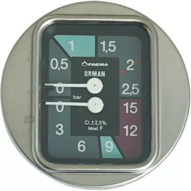 The Faema 2.5-12 BAR DOUBLE MANOMETER is a round analog gauge with two white needles, a Faema-style face labeled “RAEMA ORMAN,” and bar readings from 2.5 to 12 with colored segments marking pressure ranges. © 2025 1st-line.com
