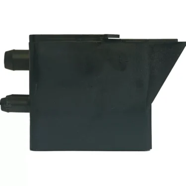 The Faema ALIMENTARY GASKET 57x42x3mm is a black, rectangular plastic part with two cylindrical connectors on the left and an angled extension on the right, shown isolated on a white background. © 2025 1st-line.com
