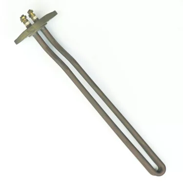The Faema F.1198 HEATING ELEMENT 2600W 110V is an immersion water heater part with two long, curved rods and brass terminals on a flat metal mounting plate, designed for 110V operation. © 2025 1st-line.com