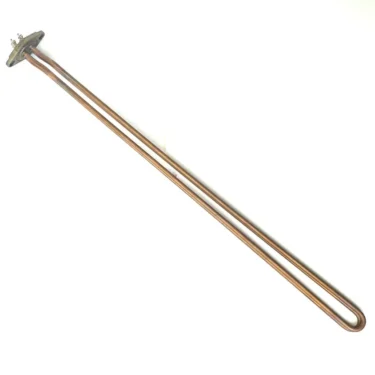 The Faema F...17 HEATING ELEMENT 4GR 5000W 400V is a copper-colored, U-shaped heating element with a metal mounting plate and electrical connectors, compatible with Faema machines, shown isolated on a white background. © 2025 1st-line.com