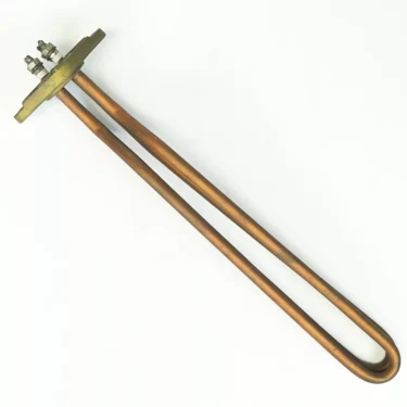 The Faema F....9 HEATING ELEMENT 2GR 2600W 110V is a copper U-shaped heating element with a metal mounting plate and electrical connectors, shown on a white background. © 2025 1st-line.com