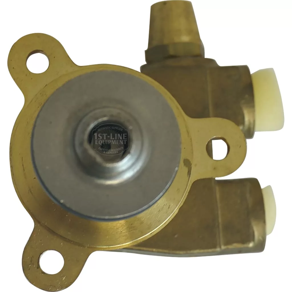 The FAEMA/CIMBALI 150 Liter Pump - Whole Assembly features a brass inlet valve with three mounting holes, two white plastic connectors, and a top label—perfect for 150L pumps or compatible FAEMA pump systems. © 2025 1st-line.com