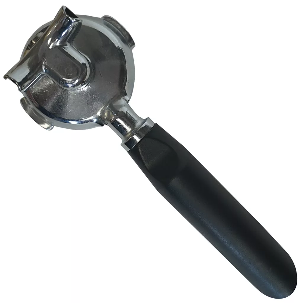 The Futurmat 2 CUP NEW ARIETE / RIMINI FILTERHOLDER is a metal espresso portafilter with a black handle, designed for holding coffee grounds in espresso machines during brewing. © 2025 1st-line.com