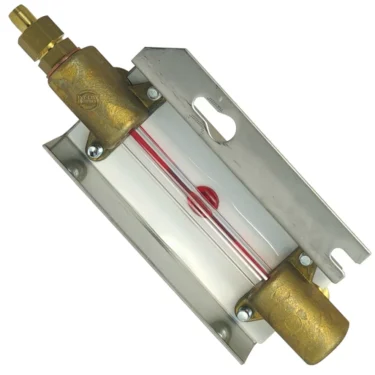 The FUTURMAT MODERN COMPLETE LEVEL GAUGE features a transparent red line tube with durable metal and brass fittings at both ends, ideal for monitoring fluid levels in tanks or Futurmat boilers. © 2025 1st-line.com