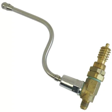 The Futurmat MODERN COMPLETE STEAM TAP features a curved silver tube with a brass and steel threaded fitting, making it an ideal modern metal valve component for Futurmat machines, shown against a white background. © 2025 1st-line.com