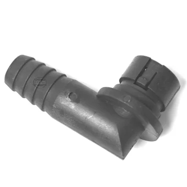 The GI.645 Angled Hose Fitting 16 mm is a black plastic automotive elbow connector featuring an angled fitting on one end and a locking mechanism on the other, displayed against a white background. © 2025 1st-line.com