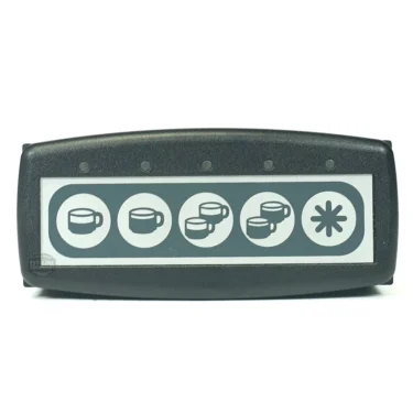 The Gicar 9.5.28.30G is a rectangular black 5-button touch pad with white buttons showing coffee cup icons in increasing quantity and an asterisk on the last button, compatible with Gicar touch pad systems. © 2025 1st-line.com