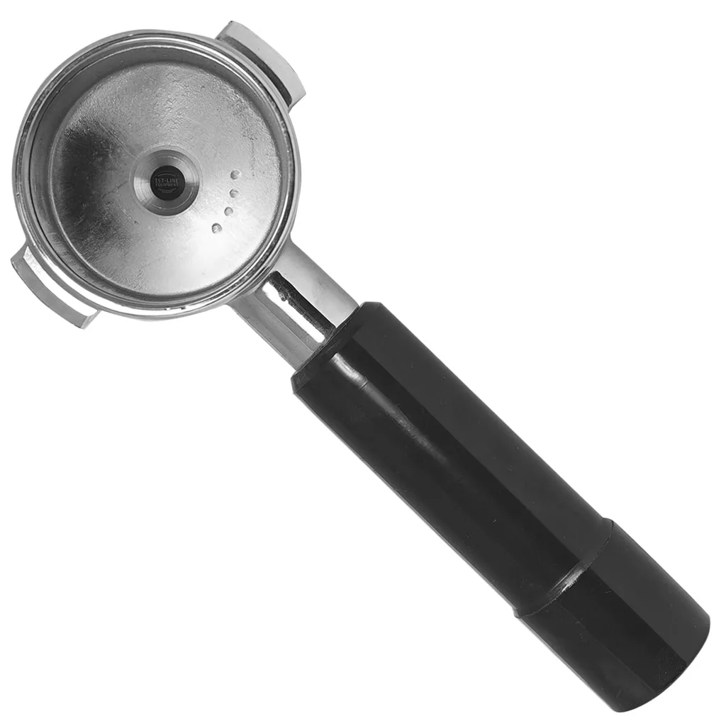 The La Spaziale 1 COFFEE FILTERHOLDER, a metal filterholder with a black handle designed for holding coffee grounds in La Spaziale espresso machines, is shown on a white background. © 2025 1st-line.com