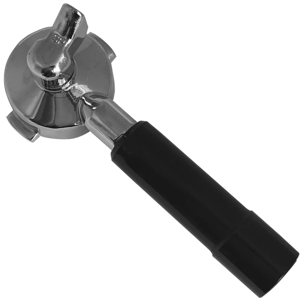 The La Spaziale 1 COFFEE FILTERHOLDER is a metal espresso filterholder with a black handle, shown from above on a white background, designed for use with La Spaziale machines. © 2025 1st-line.com