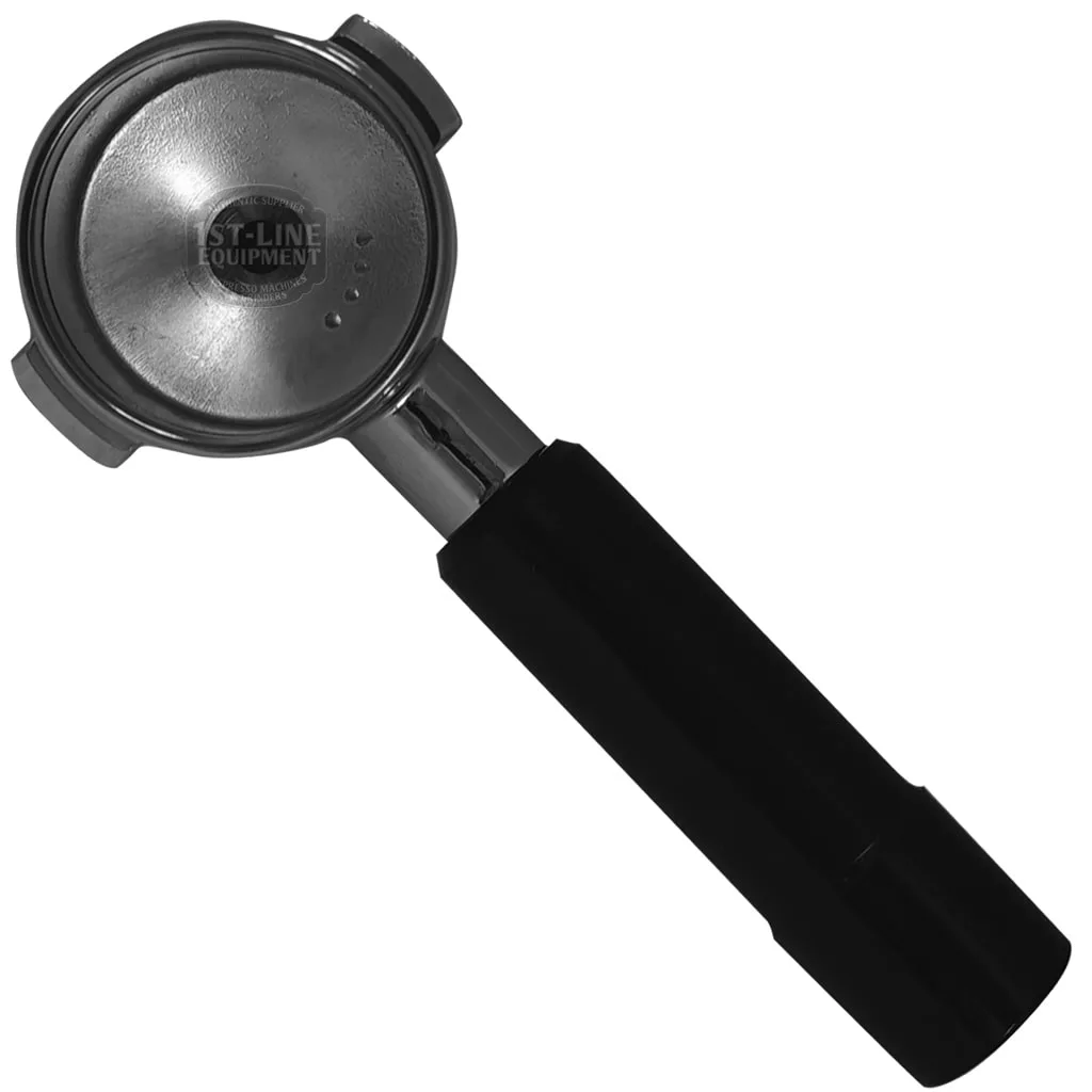 The La Spaziale 2 Cup FILTERHOLDER metal espresso portafilter features a black handle and round filter basket, viewed from above on a white background—ideal for upgrading your espresso machine parts. © 2025 1st-line.com