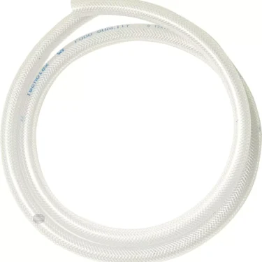 The Lelit 9700051 DRAIN HOSE for Lelit Bianca is a coiled, transparent braided plastic hose with faint blue text, shown on a white background. © 2025 1st-line.com