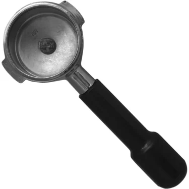 The Marzocco 1 CUP FILTERHOLDER is a metal espresso portafilter with a black handle, shown from above on a white background. Its empty circular basket highlights its robust, Marzocco-inspired design. © 2025 1st-line.com