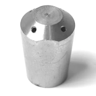 The MZ.208 Marzocco 4 Hole Steam Tip features a metallic cylindrical design with a rounded top, four small holes near the upper edge, and an M-10 female thread, shown against a white background. © 2025 1st-line.com