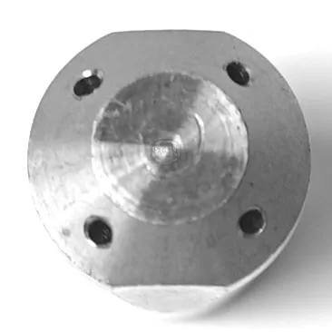 The MZ.208 Marzocco 4 Hole Steam Tip Female Thread M-10 is a round, machined metal component with a flat top, central circular indentation, and four evenly spaced holes near the edge, featuring a polished metallic finish. © 2025 1st-line.com