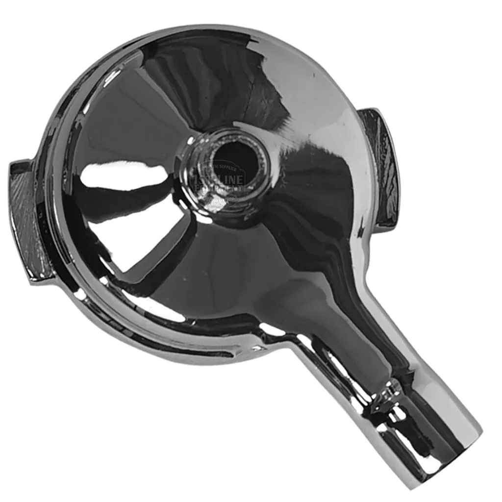 The Nuova Simonelli FILTERHOLDER BODY is a shiny metal funnel with a side handle and short spout, shown from above on a white background—perfect as a filterholder for your Nuova Simonelli coffee machine. © 2025 1st-line.com