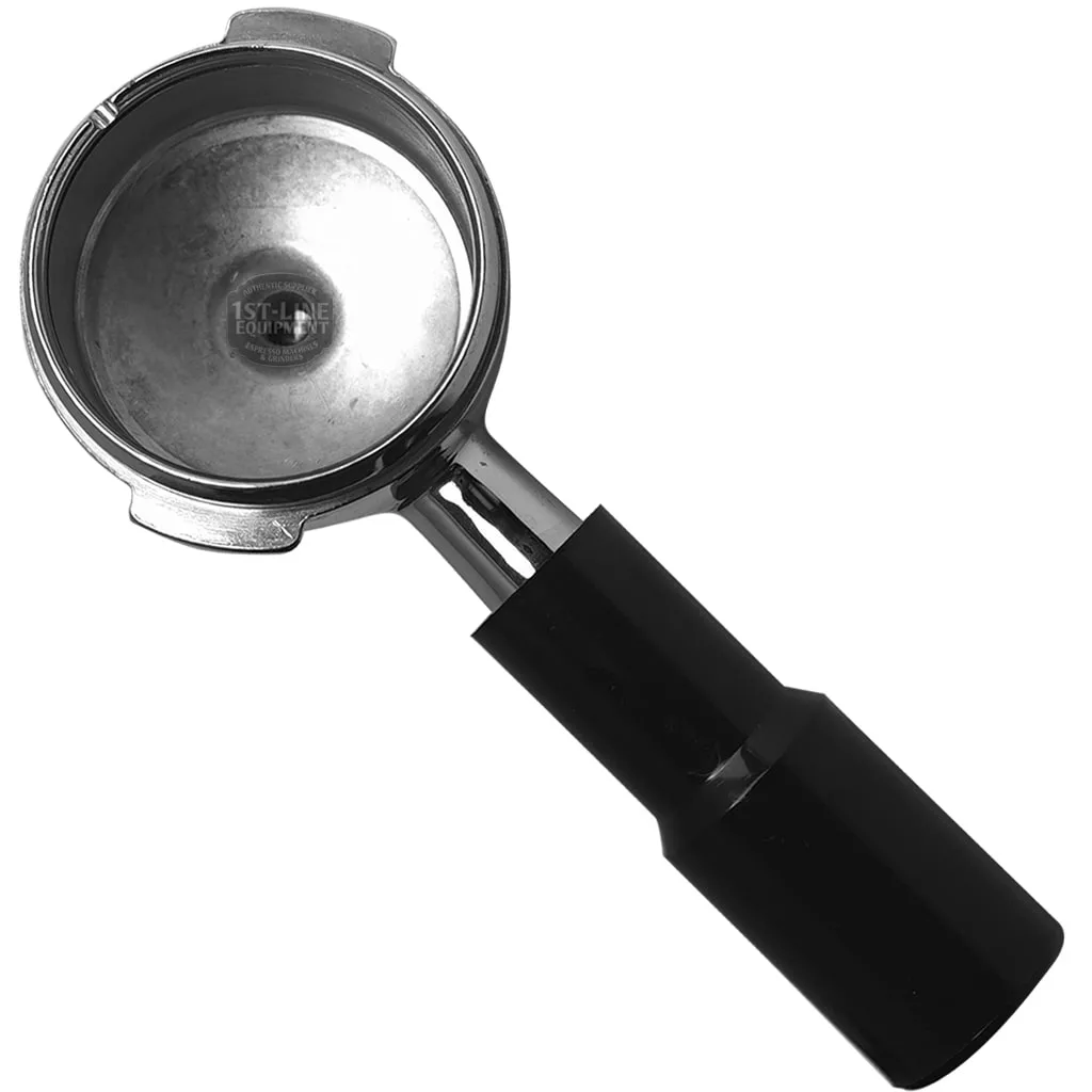 The Pavoni 2-CUP FILTERHOLDER, featuring a black handle and designed for espresso machines, is displayed against a white background. © 2025 1st-line.com