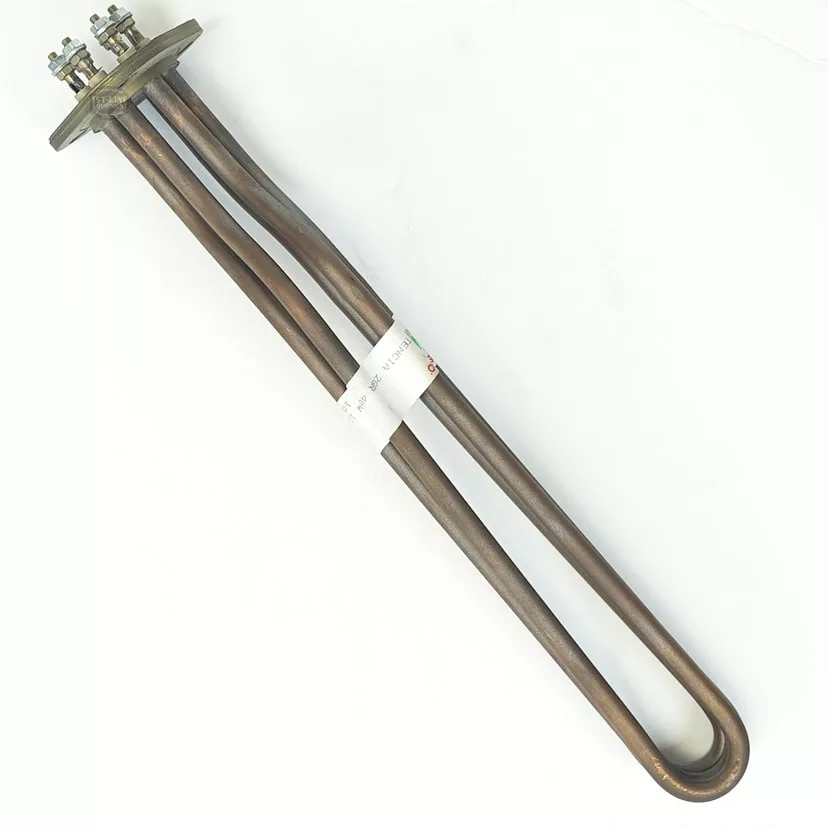 The Pavoni P..336 HEATING ELEMENT 2GR 4000W 110V, featuring three U-shaped rods and a mounting flange, is shown on a white background. © 2025 1st-line.com