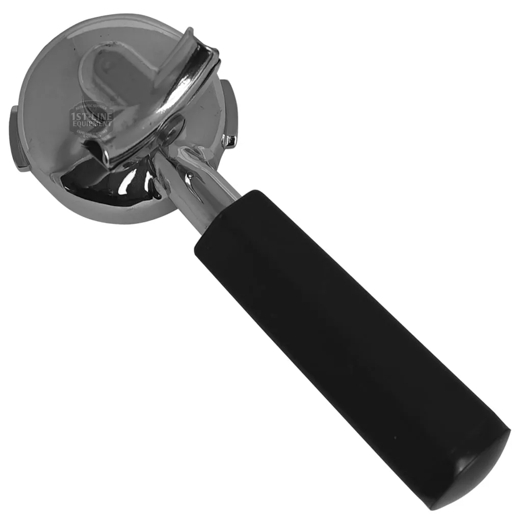 The Pavoni P1-P3-P6 2 Coffees FILTERHOLDER features a black handle and shiny metal basket, ideal for holding coffee grounds and brewing two coffees with P1, P3, or P6 espresso machines. © 2025 1st-line.com