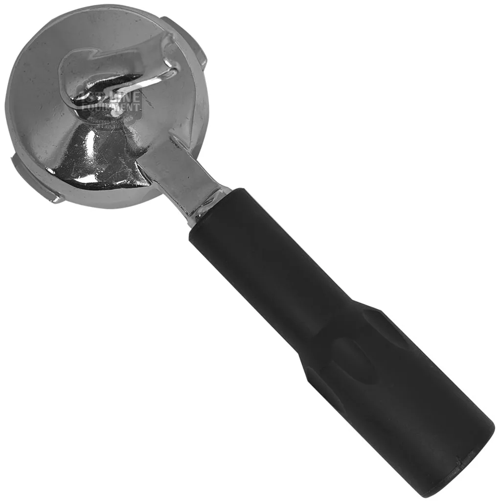 The Racilio 1 COFFEE FILTERHOLDER, featuring a metal body and black plastic handle, is designed for holding coffee grounds in espresso machines. Displayed against a white background, it’s an essential coffee accessory. © 2025 1st-line.com