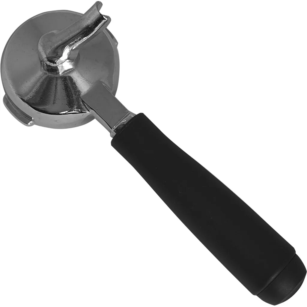 The Rancilio 1 COFFEE FILTERHOLDER, with a black handle and metal body, is displayed at an angle on a white background, highlighting the sleek design of this premium espresso portafilter. © 2025 1st-line.com