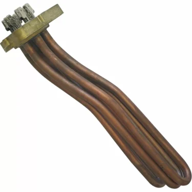 The Rancilio 2GR HEATING ELEMENT 2700W/110V features a copper element with four curved tubes, a rectangular brass mounting plate, and electrical connectors, designed specifically for Rancilio machines. © 2025 1st-line.com