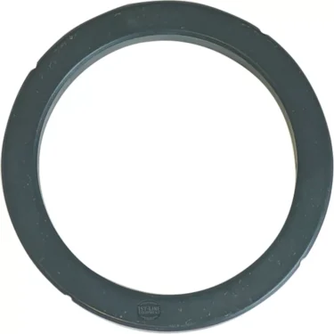 The Rancilio 8mm Portafilter Gasket is a circular, flat, dark gray gasket with a smooth surface and slightly textured edges, designed for Rancilio machines and shown on a white background. © 2025 1st-line.com