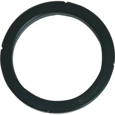The Rancilio HOLDER GASKET 73.5x57.5x8mm is a black, circular plastic ring with a smooth finish and small notch, shown on a white background—perfect for ensuring a snug fit in your espresso machine. © 2025 1st-line.com
